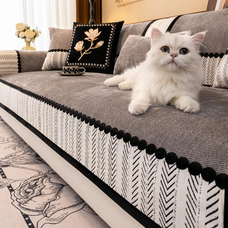 Chenille Sofa Cover, Non-Slip, Contrast Hem