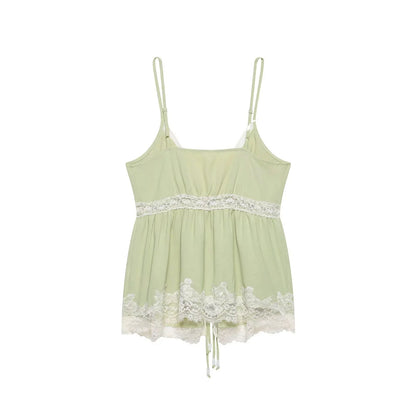 Women's Light Green Spaghetti Strap Lace Camisole Top – Sexy V-Neck Off Shoulder Backless Summer Tank