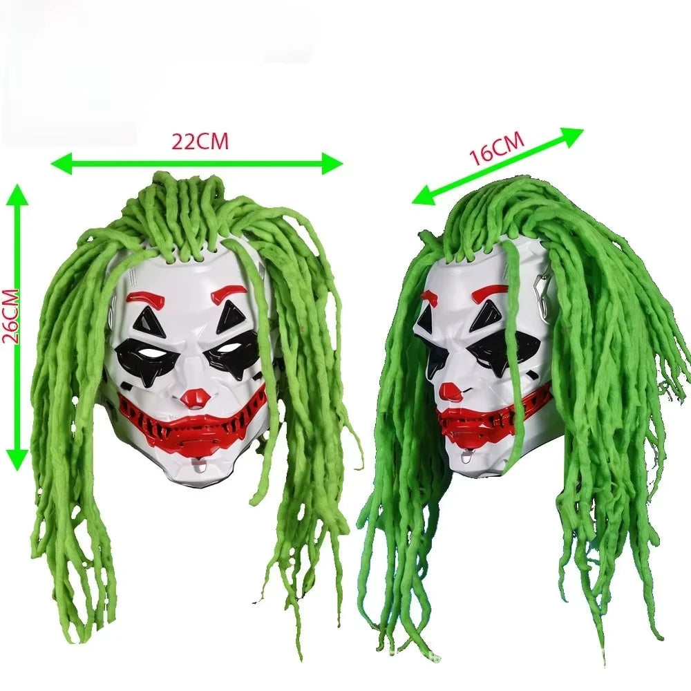 Cyberpunk Clown Mask with Green Hair Halloween Party Masquerade Costume Prop Scary Cosplay Accessories for Adults