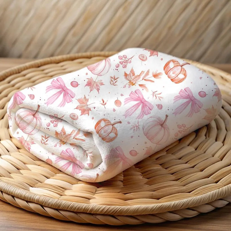 Halloween Velveteen Plush Blanket |   Whimsical Pink Pumpkin Fall Home Decor |   Cozy Autumn Dorm Room Bedding |   Cute Halloween Throw Blanket