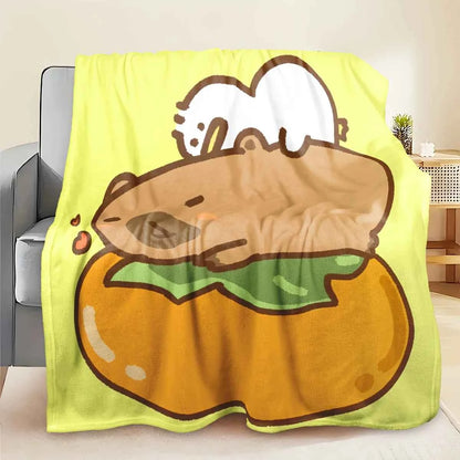 Cozy Capybara & Pumpkin Design Flannel Blanket - Ultra-Soft, All-Season Throw with 3D Digital Print, Perfect for Office, Camping