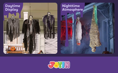 23.6'' 3Pcs Halloween Hanging Ghosts Decorations Outdoor, Warm Light Up Ghosts with Witch Hat & Timer, Flying Halloween Decorations for Yard Porch Lawn Party Supplies Tree Decor