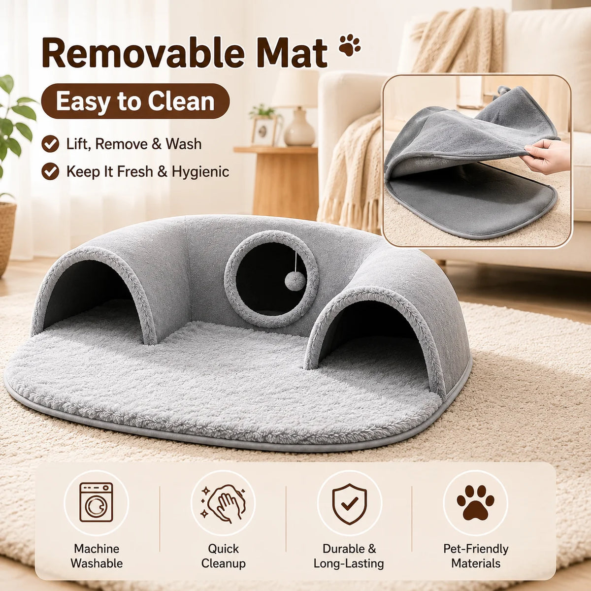U-Shaped Cat Tunnel Bed, Detachable & Washable