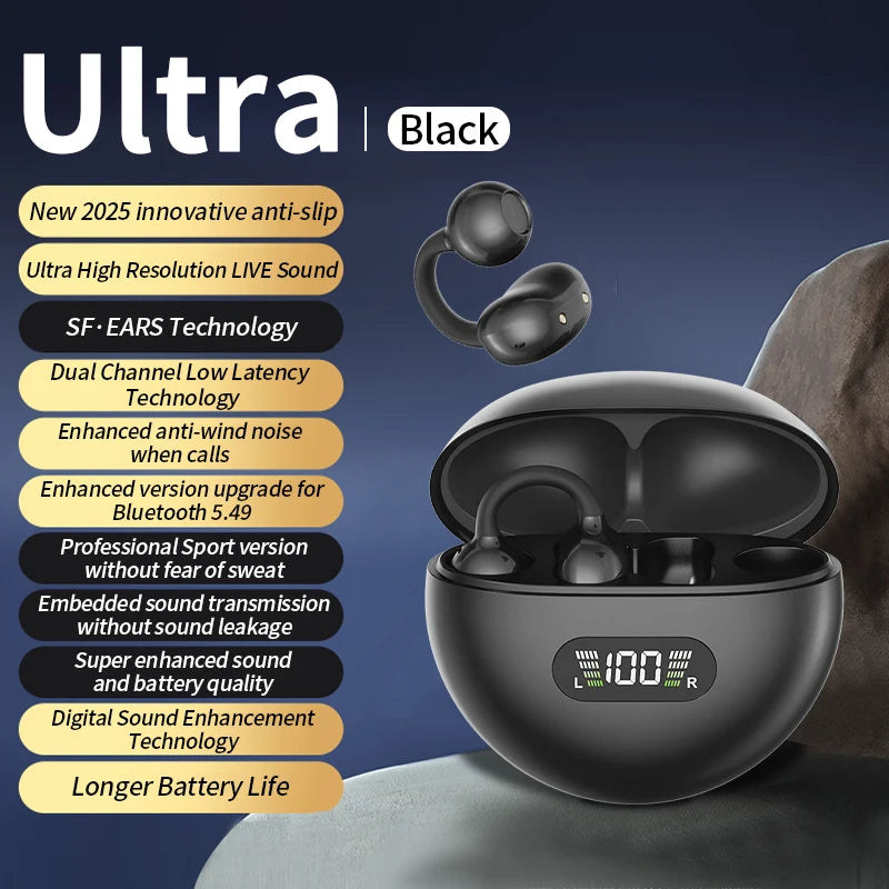 Sport Earclip Wireless Headphones – Bluetooth, LED Display, Gaming Mode | Base, Pro & Ultra