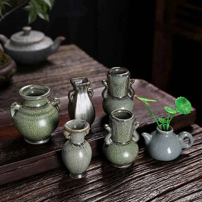 1Pcs Ceramic Miniature Vase Green Retro Flower Vase Crafts Tabletop Ornament Hydroponics Chinese-style Living Room Decoration