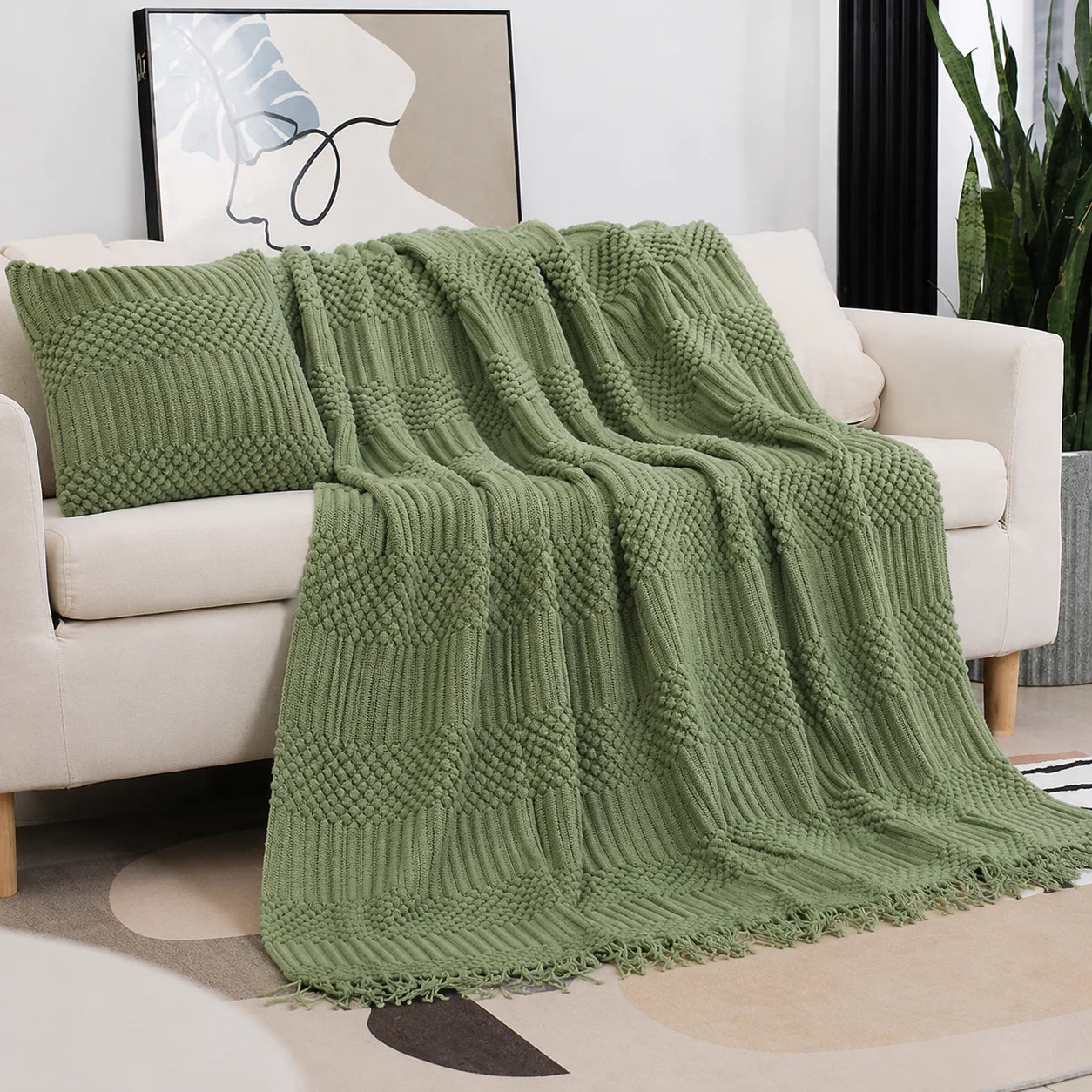 Beige Openwork Textured Knit Throw Blanket with Tassel Fringe, Soft Knitted Decorative Blanket, Lightweight Cozy Cover for Couch Sofa Bed, Boho Farmhouse Home Decor for Living Room Bedroom