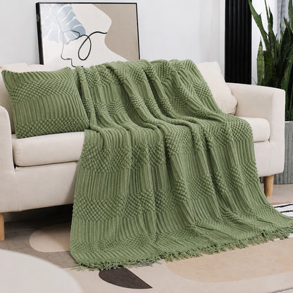 Beige Openwork Textured Knit Throw Blanket with Tassel Fringe, Soft Knitted Decorative Blanket, Lightweight Cozy Cover for Couch Sofa Bed, Boho Farmhouse Home Decor for Living Room Bedroom