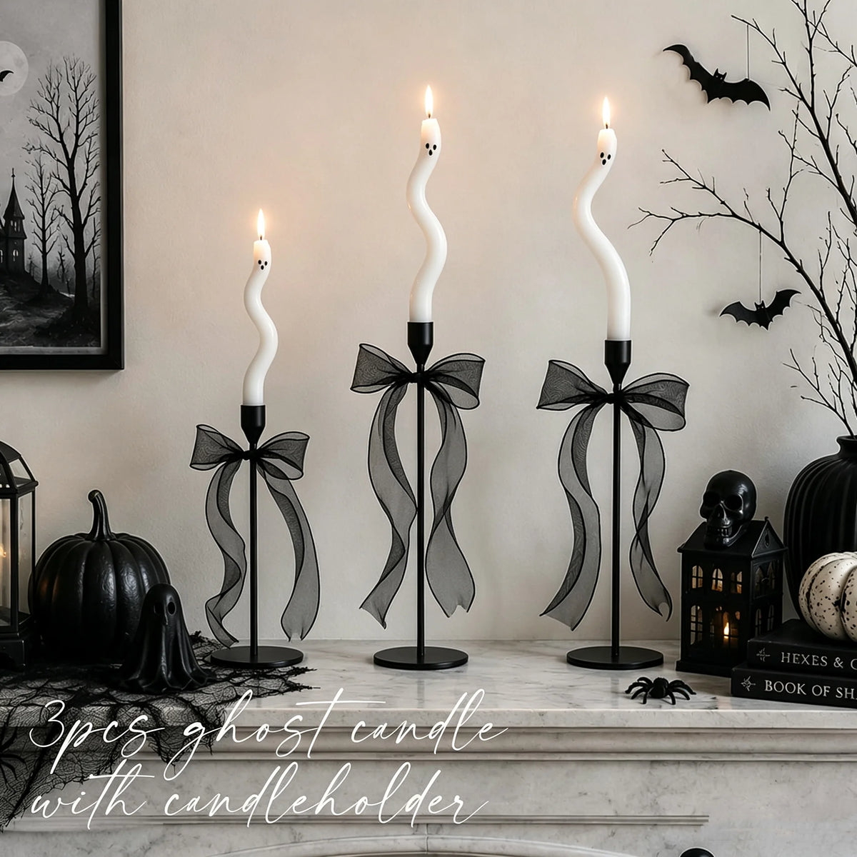 3-6Pcs Twisting Ghost Candles with Candle Holders Ribbons Candlestick Holders Halloween centerpieces Party Table Fireplace Decor