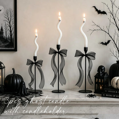 3-6Pcs Twisting Ghost Candles with Candle Holders Ribbons Candlestick Holders Halloween centerpieces Party Table Fireplace Decor