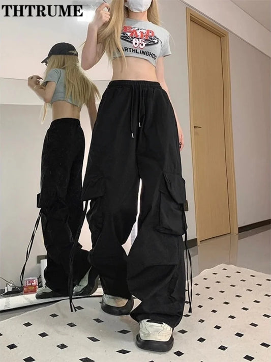 Pantalon rétro vintage ample pour femme — Pantalon de jogging taille haute avec cordon de serrage et poches