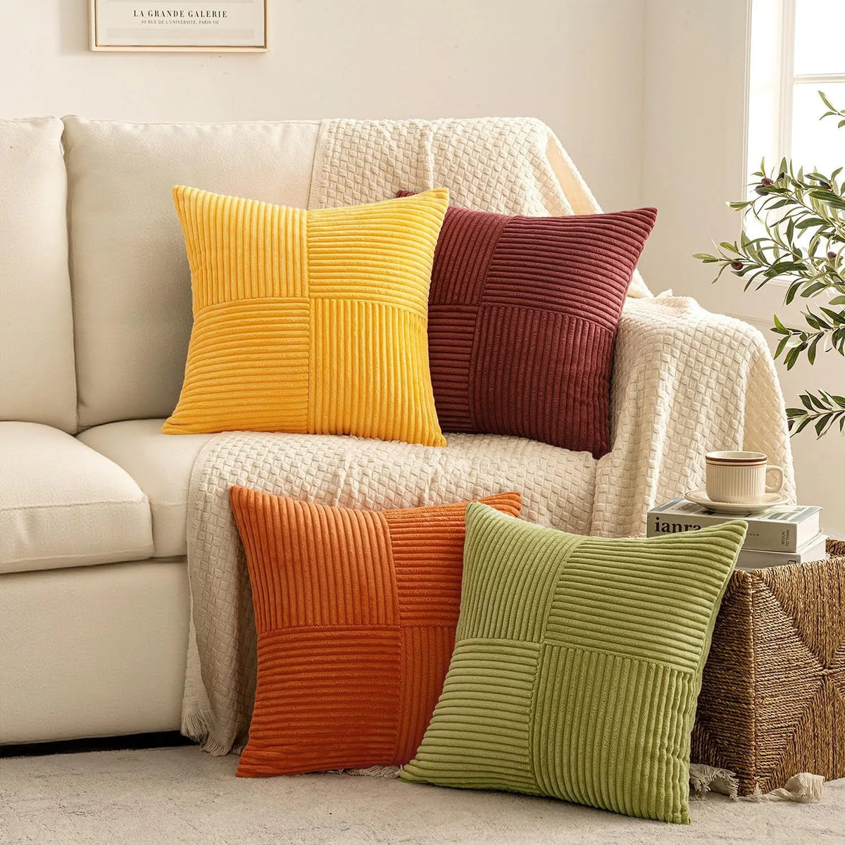 Solid-Color Corduroy Cushion Cover with Hidden Zipper