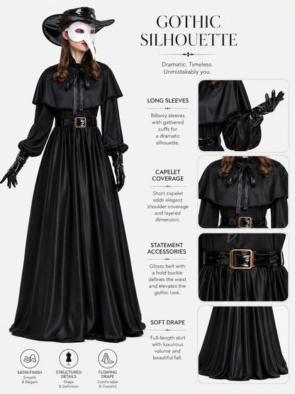 Women Plague Doctor Costume Set Medieval Gothic Long Dress with Cape Belt Hat Gloves Bird Beak Mask Steampunk Halloween Cosplay Outfit for Carnival Party