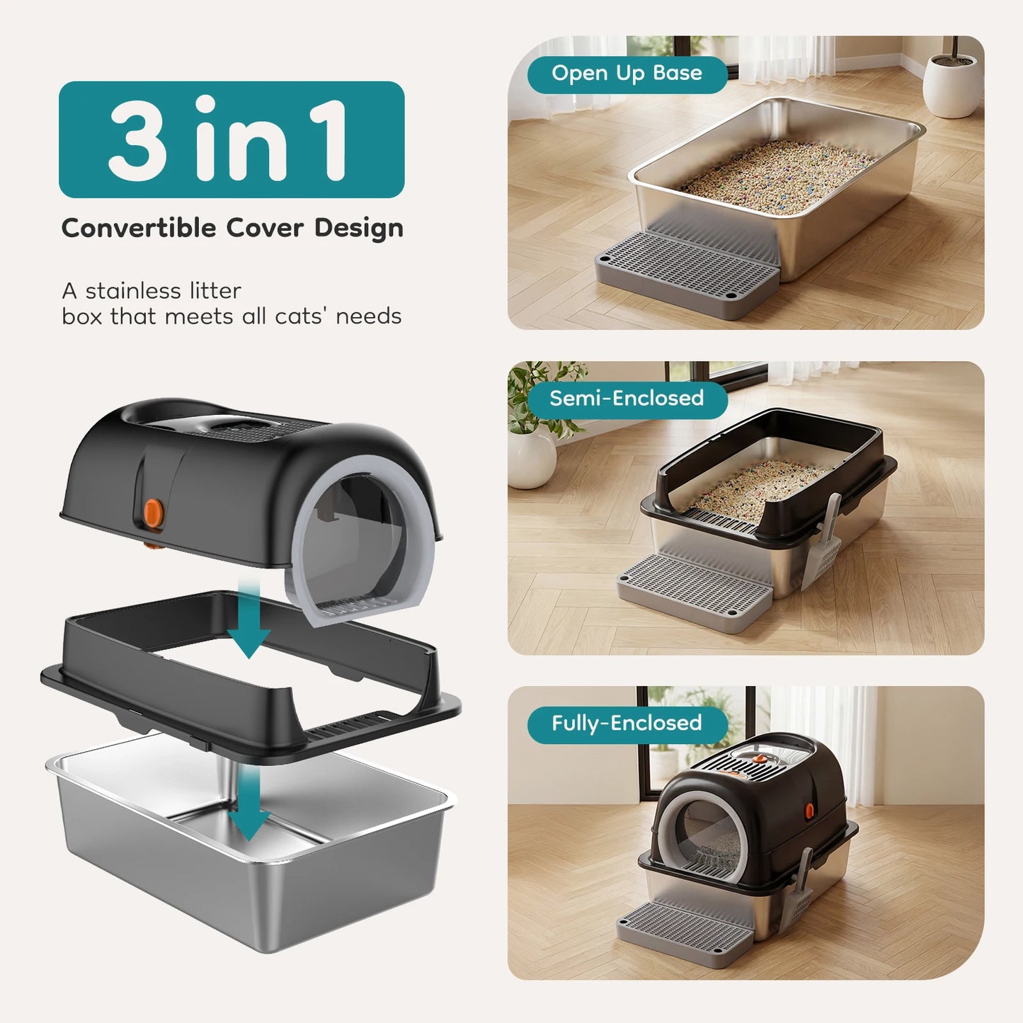 JHK 24" Stainless Steel Cat Litter Box — Fully Enclosed 30L Large Cat Box with Scoop & Mat