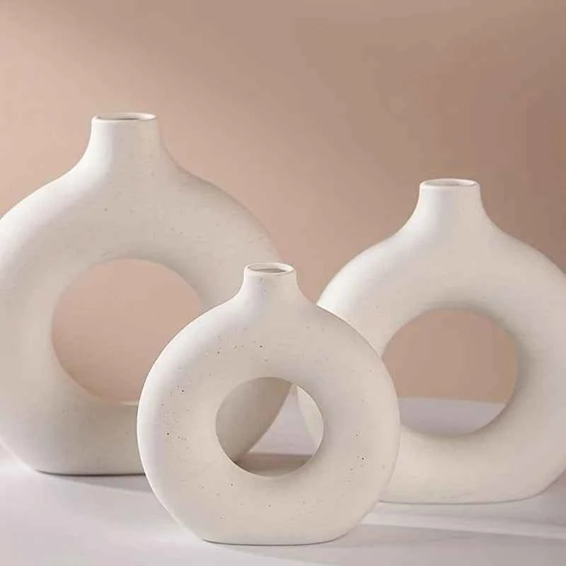 1pc, White/Beige Ceramic Vase  Vases For Decor, Modern Home Decor Vase, Boho Vases For Decor, Circle Vase, Round Vase, Donut Vas