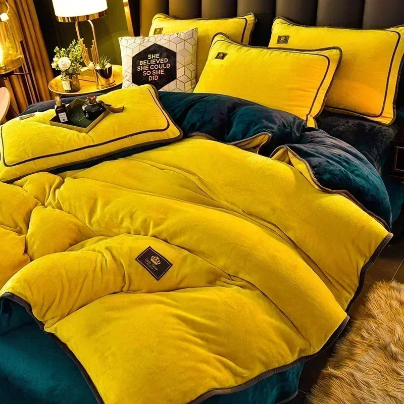 High-end Milk Velvet Autumn Winter Warm Duvet Cover Set with Bed Sheet Quilt Cover and Pillowcases Warmth Cozy Bedding Set Queen