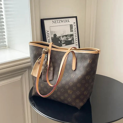 Beige Printed Commuter Tote, Large Capacity
