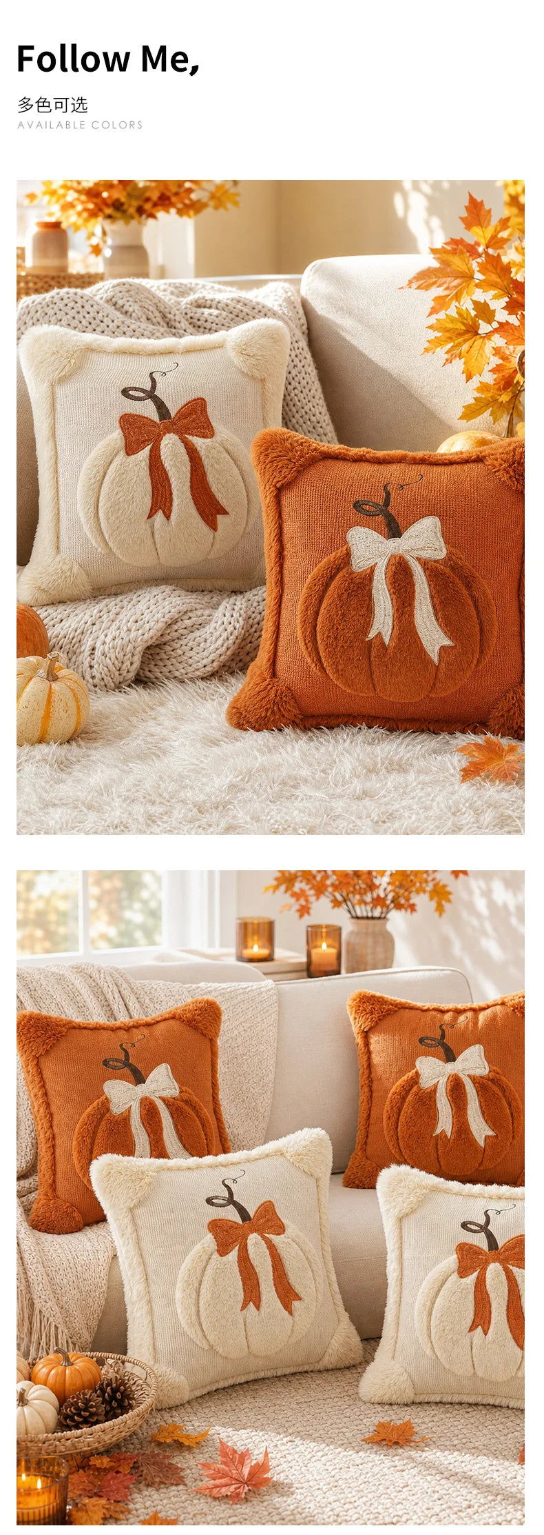 3D Plush Pumpkin Throw Pillow with Bow, Fall Decor