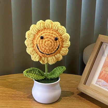 DIY Handwoven Mini Potted Flower Rose Office Desktop Ornamental Potted Plants Woolen Thread Finished Product Home Decoration