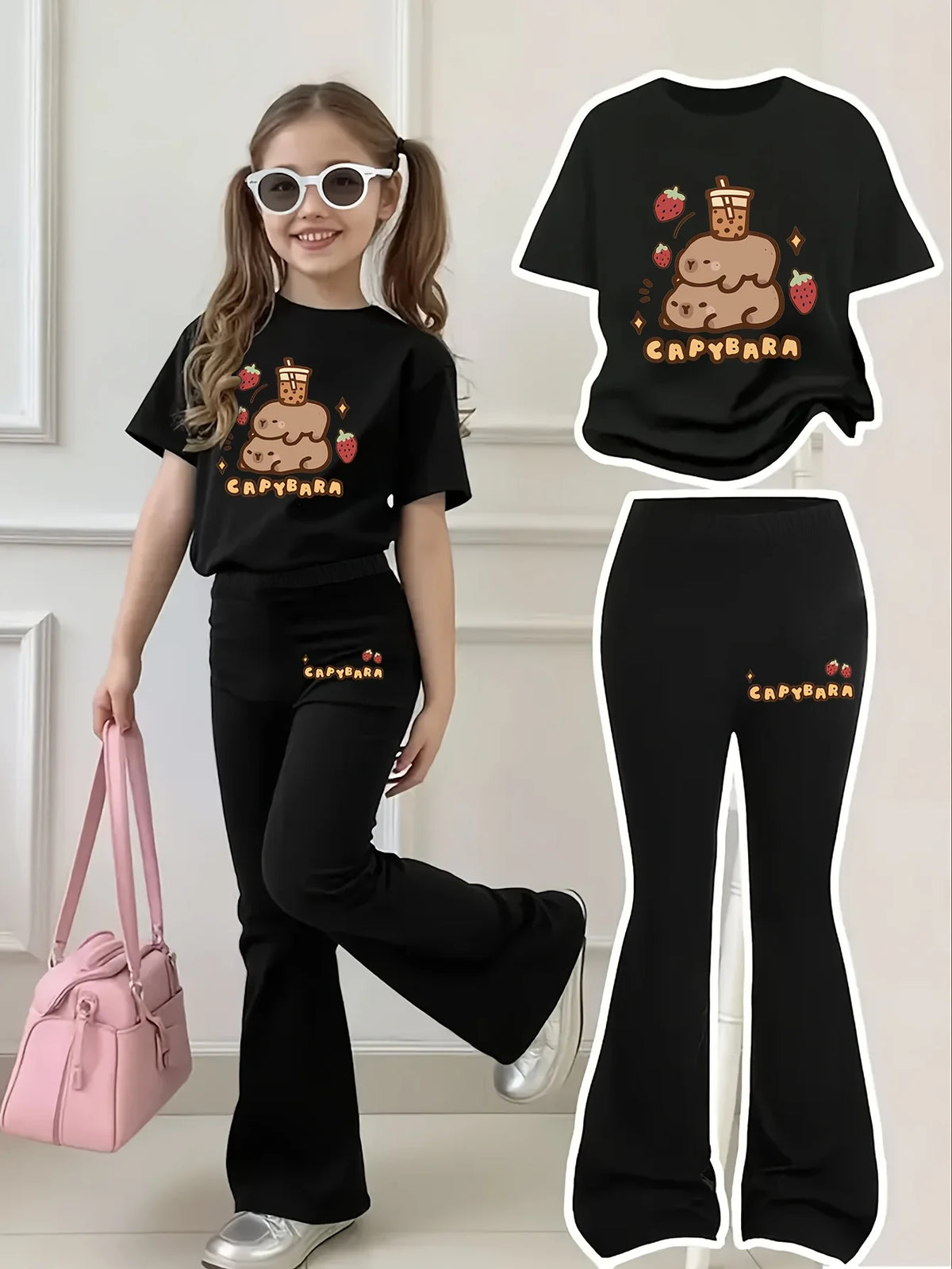 Cute Capybara Outfit for Girls Aged 4-11, Pink Crew Neck T-Shirt with Printed Capybaras (with Milk Tea and Strawberries Above, Super Cute), Black Bell-Bottom Pants with the Letters "Capybara"