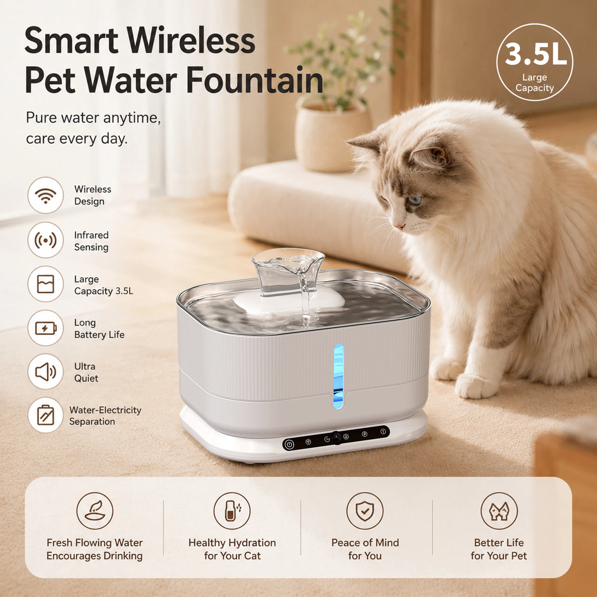 Cordless Cat Water Fountain, 3.5L Rechargeable