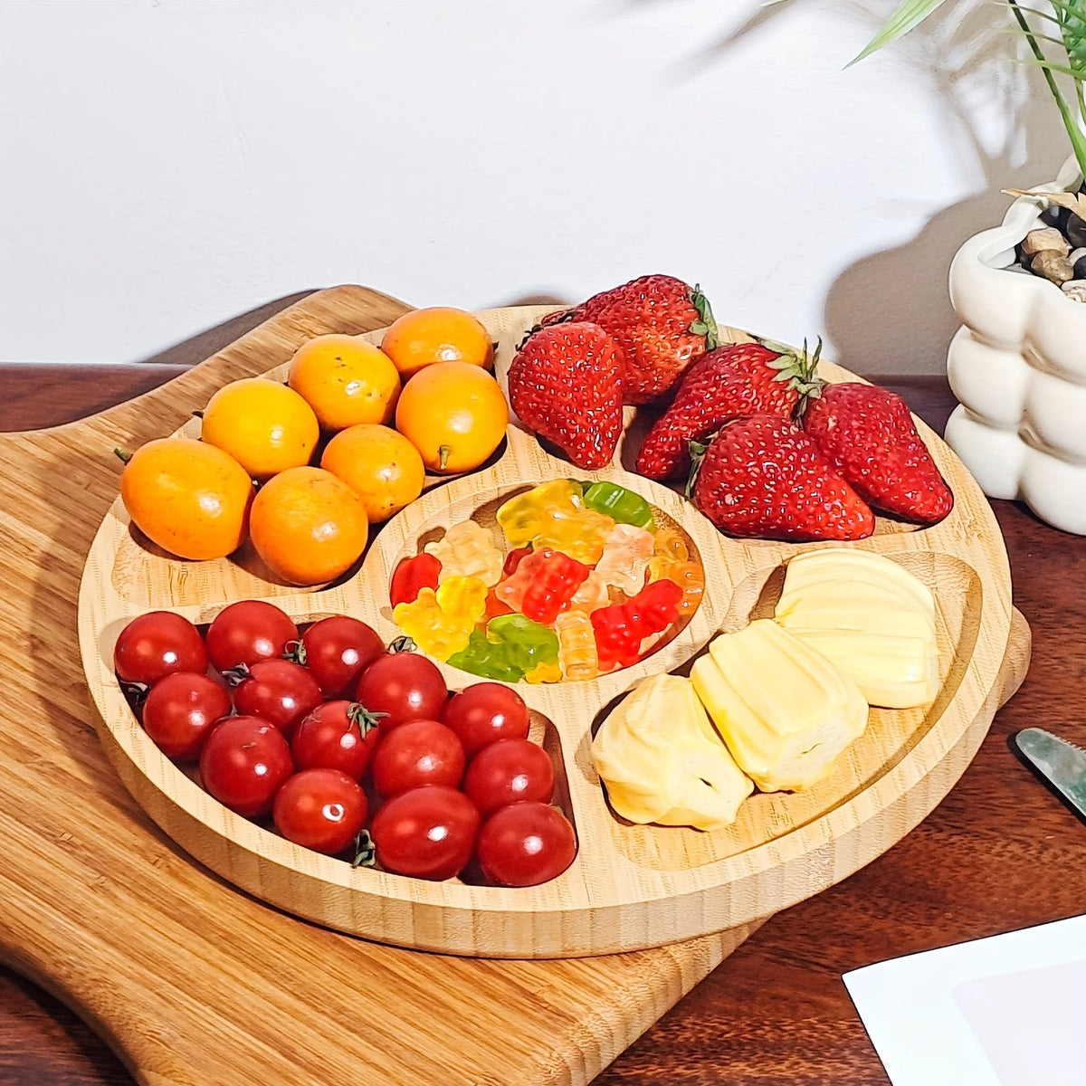 Wooden Divided Serving Trays Appetizer Tray 5 Dining Grids Snacks Bowls Round Serving Tray Serving Dishes Perfect for Parties
