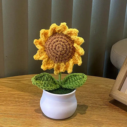 DIY Handwoven Mini Potted Flower Rose Office Desktop Ornamental Potted Plants Woolen Thread Finished Product Home Decoration