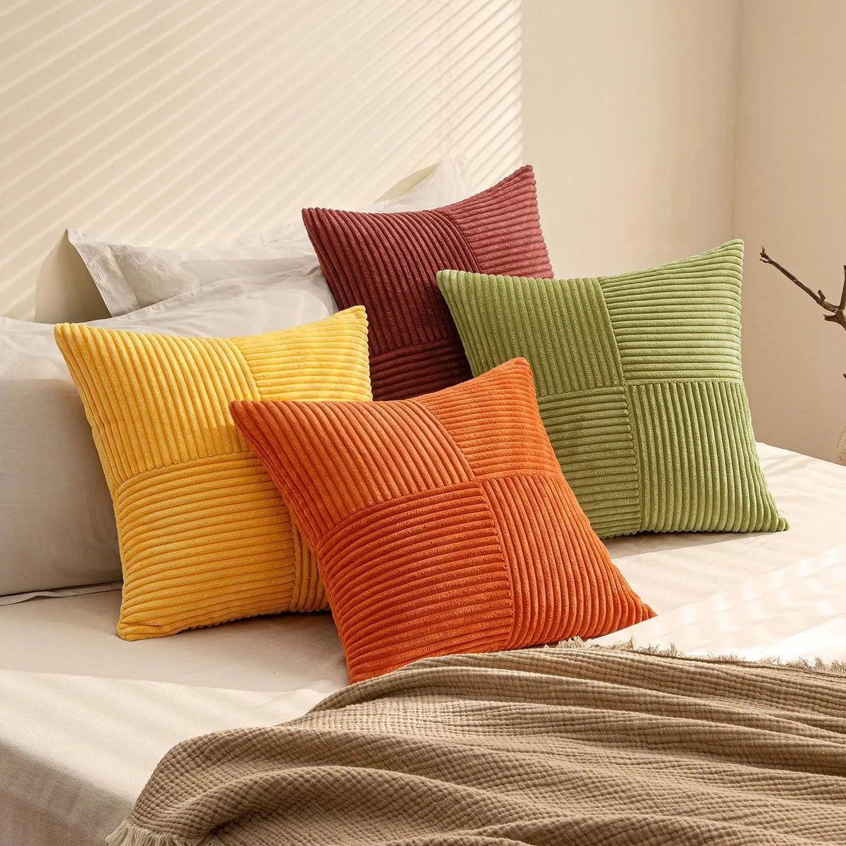 Solid-Color Corduroy Cushion Cover with Hidden Zipper