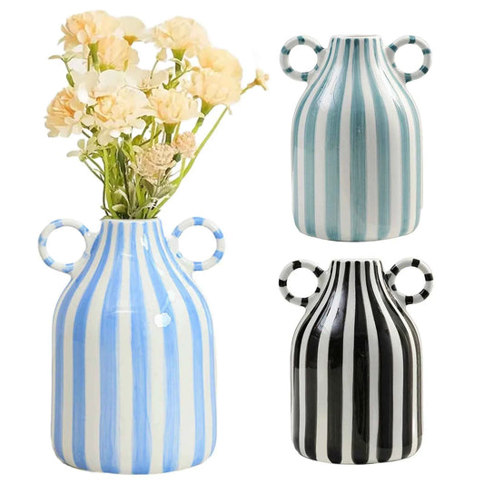 Nordic Style Art Vase Ornament Double Ear Striped Ceramic Vase Hydroponic Flower Cutting Bottle Home Decoration Flowerpot