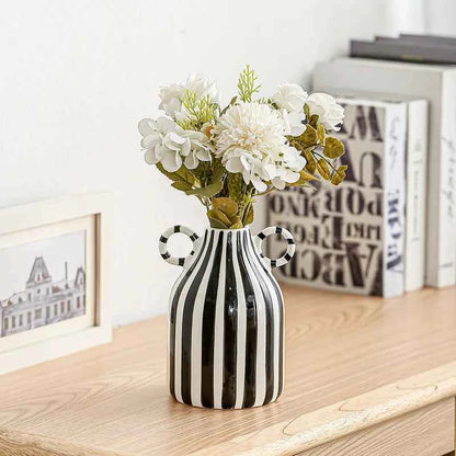 Double Ear Ceramic Vase, Abstract Black and White Striped Hydroponic Vase, Living Room Decoration, Room Aesthetic Decoration