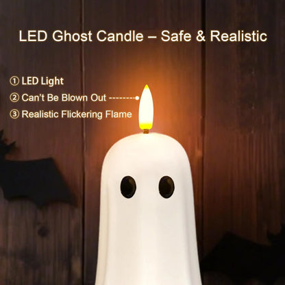 Halloween Ghost Flameless Candle with Timer – LED Candle with Flickering Flame, Real Wax, Remote Control, Spooky Halloween Decor