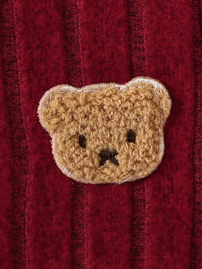 【Baby Boy】Autumn & Winter Red Onesie with Front Single-Breasted Buttons and Cute Bear Badge on Chest + Red Hat Set Featuring a W