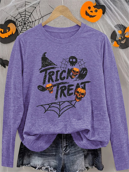 Women's Halloween Long Sleeve T-Shirt with Black Spider Web, Orange Pumpkin Skull & Witch Hat Print, Cute Creepy Funny Tee, Soft Casual Sporty Vacation Top, Trick or Treat Gift