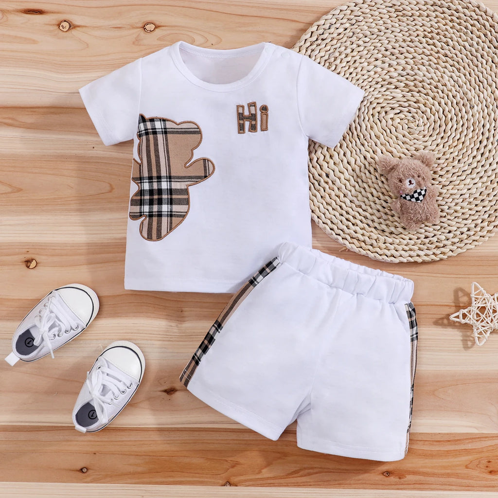Checked Bear Print Tee & Shorts 2-Piece Set