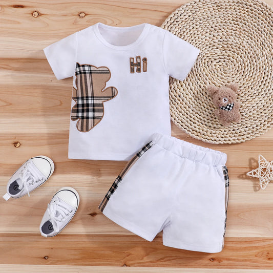 Checked Bear Print Tee & Shorts 2-Piece Set