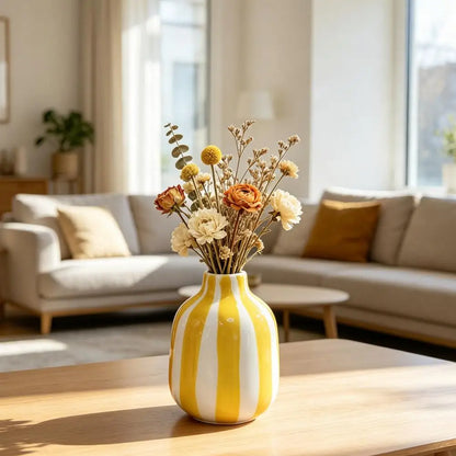 Hand-Painted Ceramic Striped Vase — Nordic Boho Decorative Flower Container for Home