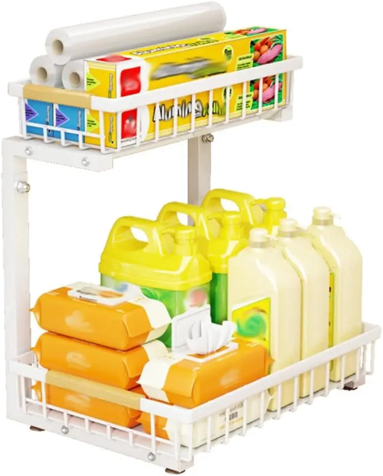 2-Tier Under Sink Organizer with Pull-Out Sliding Drawers, White and Black