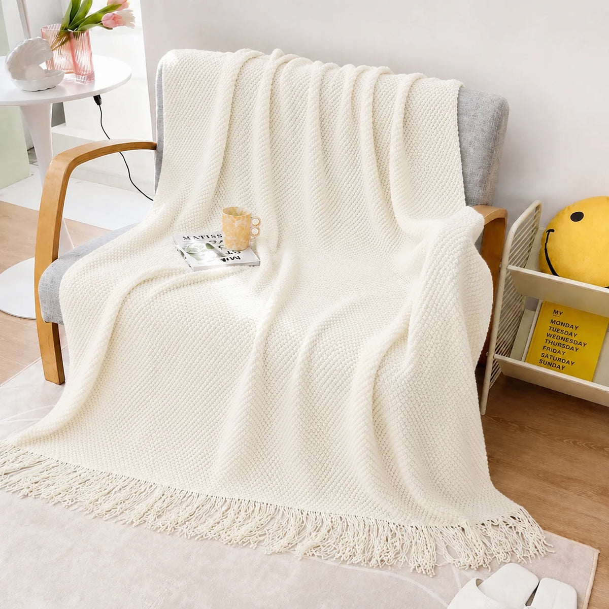 Sage Green Diamond Knit Throw Blanket with Tassels