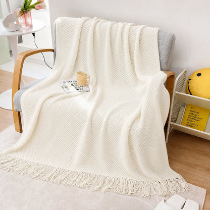 Sage Green Diamond Knit Throw Blanket with Tassels