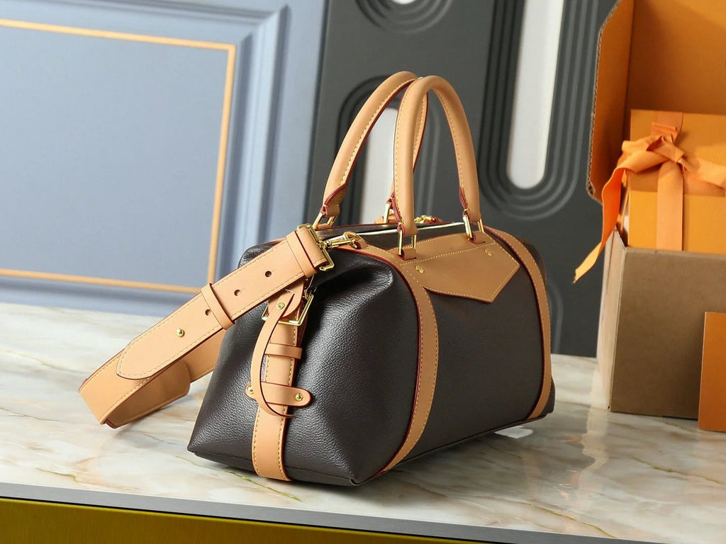 Dark Brown Pebbled Leather Boston Duffle Bag