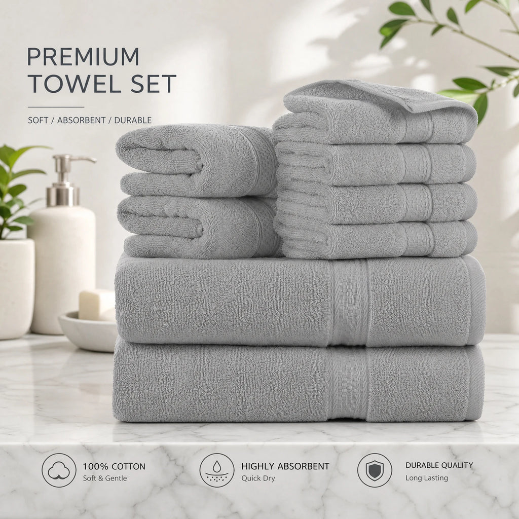 Towels 8 Piece Majestic Plush Luxury Towel Set, Cotton, Grey | Majestic - Bath Towel Set