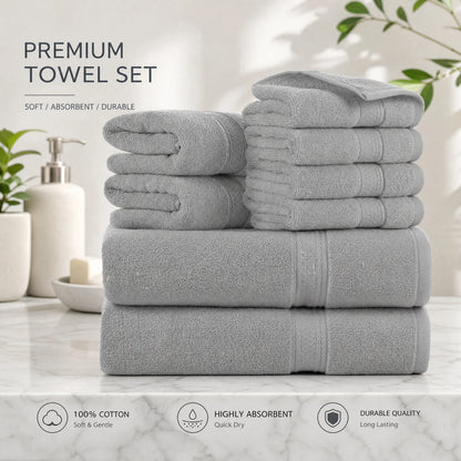 Towels 8 Piece Majestic Plush Luxury Towel Set, Cotton, Grey | Majestic - Bath Towel Set