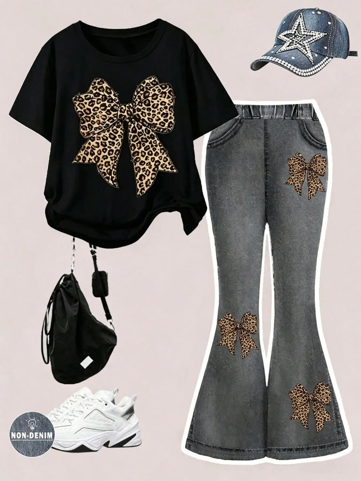 Girls' Summer and Autumn Casual Outfit: Black Short-Sleeve T-Shirt + Faux Denim Flared Pants with Bow Print, Suitable for Girls Aged 4-12, Versatile Clothing for Home and Outings