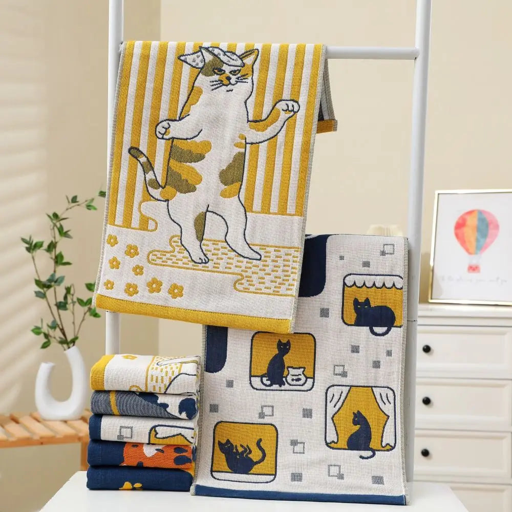 Cartoon Cat Face Towels 34x74cm Soft Bath Towel Absorbent 3 Layer Cotton