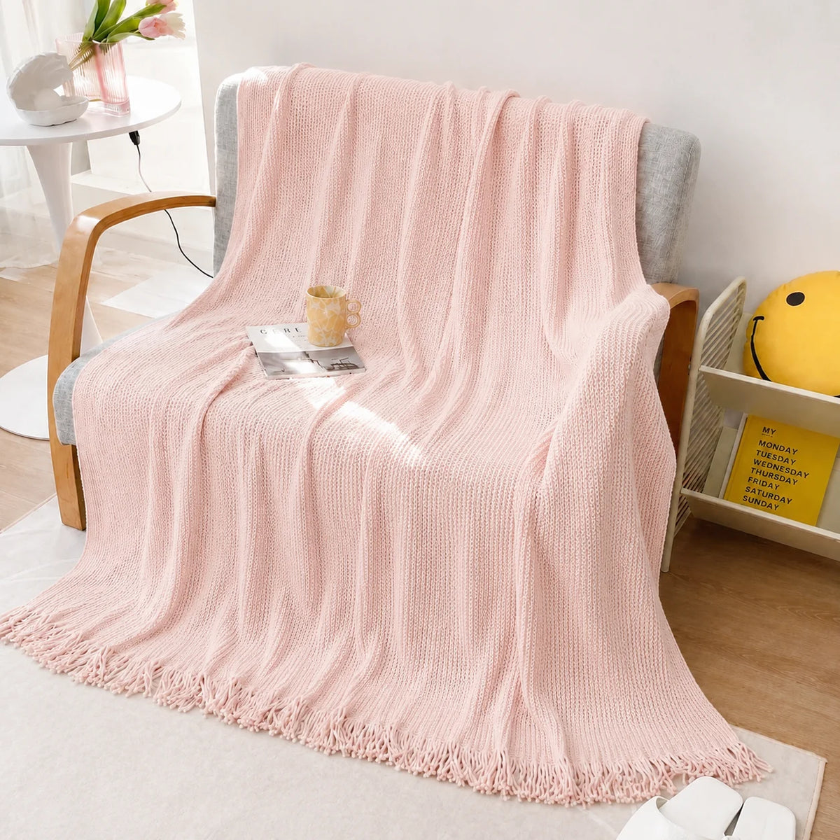 Sage Green Diamond Knit Throw Blanket with Tassels