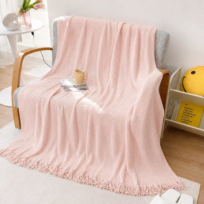 Sage Green Diamond Knit Throw Blanket with Tassels