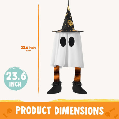 23.6'' 3Pcs Halloween Hanging Ghosts Decorations Outdoor, Warm Light Up Ghosts with Witch Hat & Timer, Flying Halloween Decorations for Yard Porch Lawn Party Supplies Tree Decor