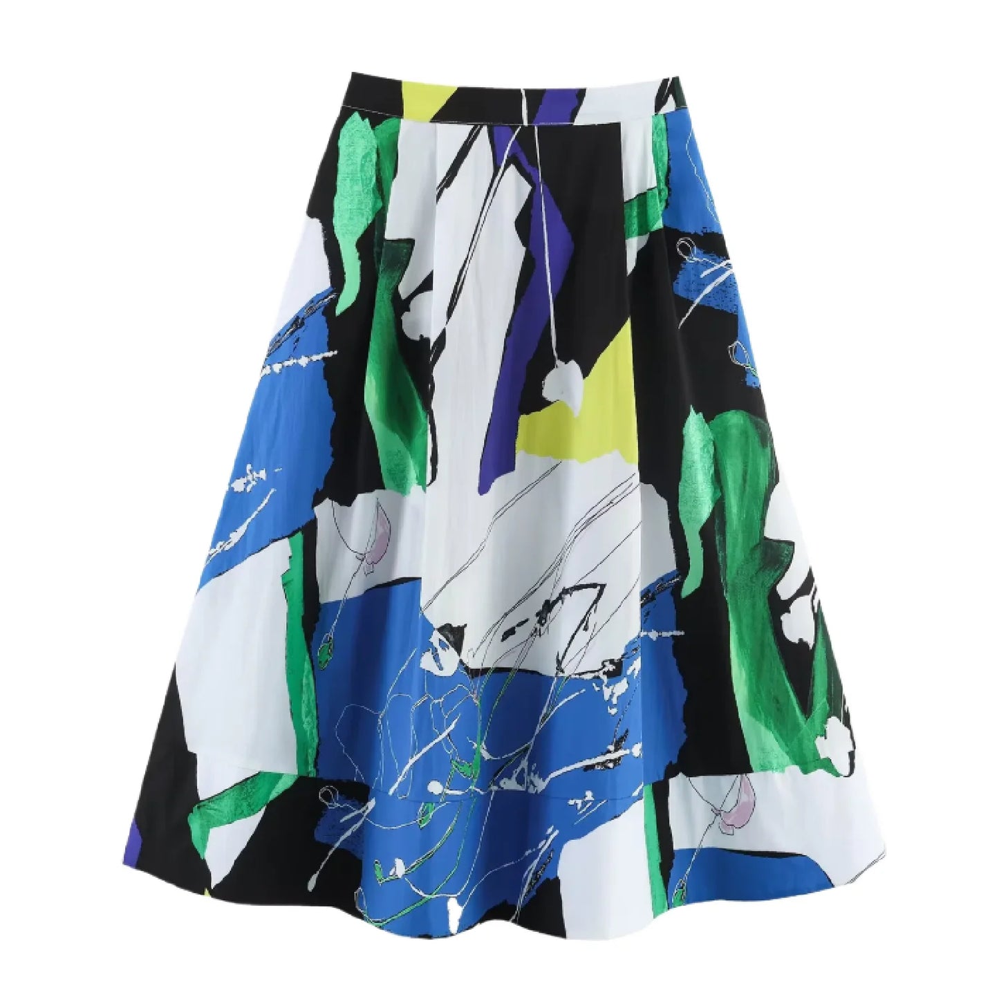 Women's Abstract Print Pleated Midi Skirt – High Waist Colorful Flowy Casual Summer Skirt