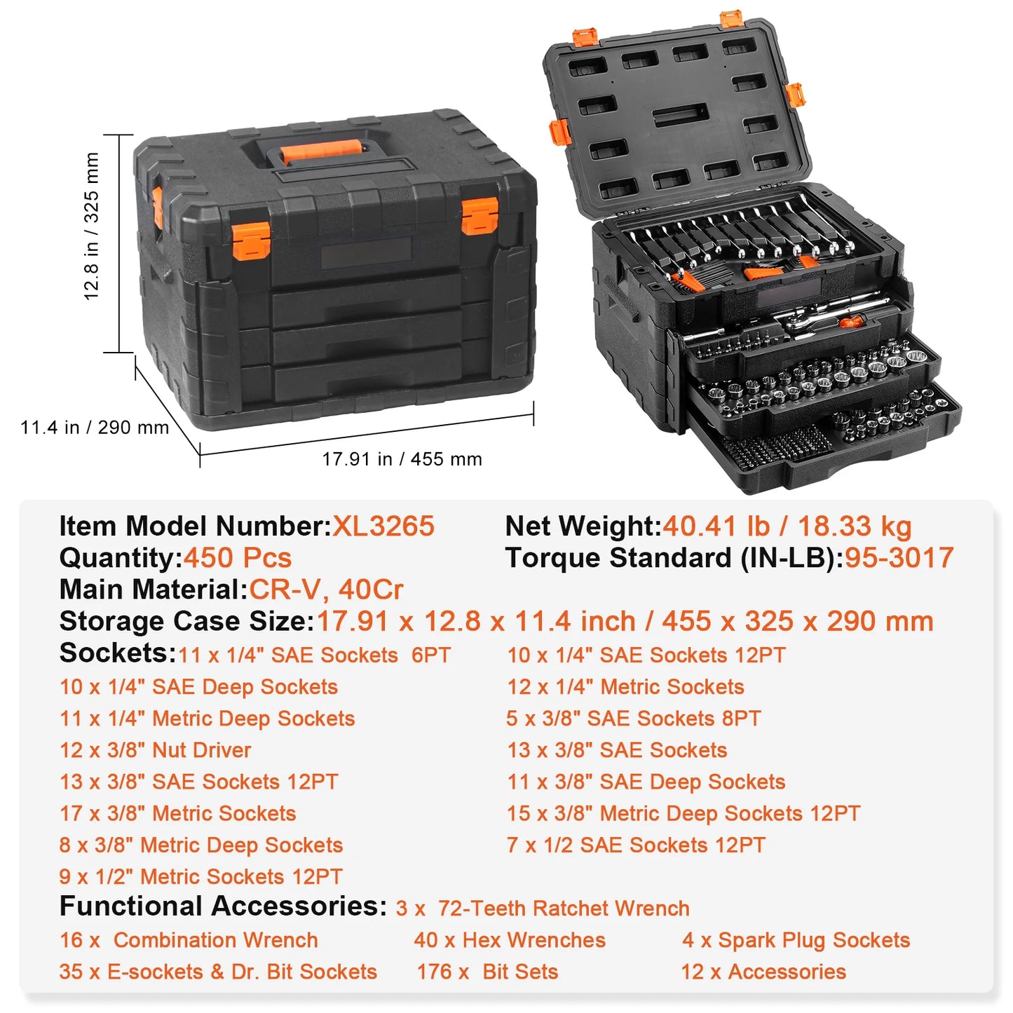 Mechanics Tool Set and Socket Set 1/4" 3/8" 1/2" Drive Deep Standard Sockets 450 Pcs SAE and Metric Mechanic Tool Kit