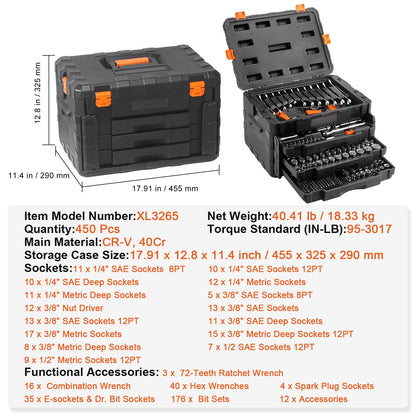 Mechanics Tool Set and Socket Set 1/4" 3/8" 1/2" Drive Deep Standard Sockets 450 Pcs SAE and Metric Mechanic Tool Kit