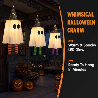 23.6'' 3Pcs Halloween Hanging Ghosts Decorations Outdoor, Warm Light Up Ghosts with Witch Hat & Timer, Flying Halloween Decorations for Yard Porch Lawn Party Supplies Tree Decor